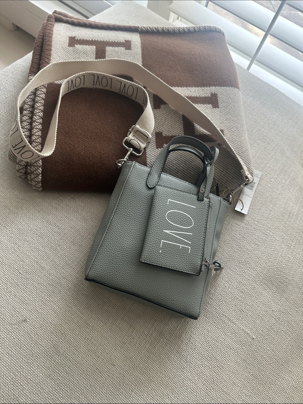 Rae Dunn Grey LOVE Crossbody Tote with Canvas Strap